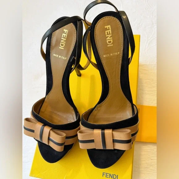 Fendi Zucca FF Logo Platform Strappy Heels Black Tan Leather Designer Sandals  7 - Picture 7 of 8